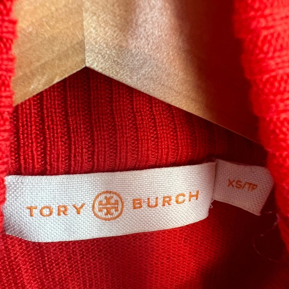 Tory Burch Gemini Red Merino Wool Turtleneck Sweater Textured‎ Monogram Red XS